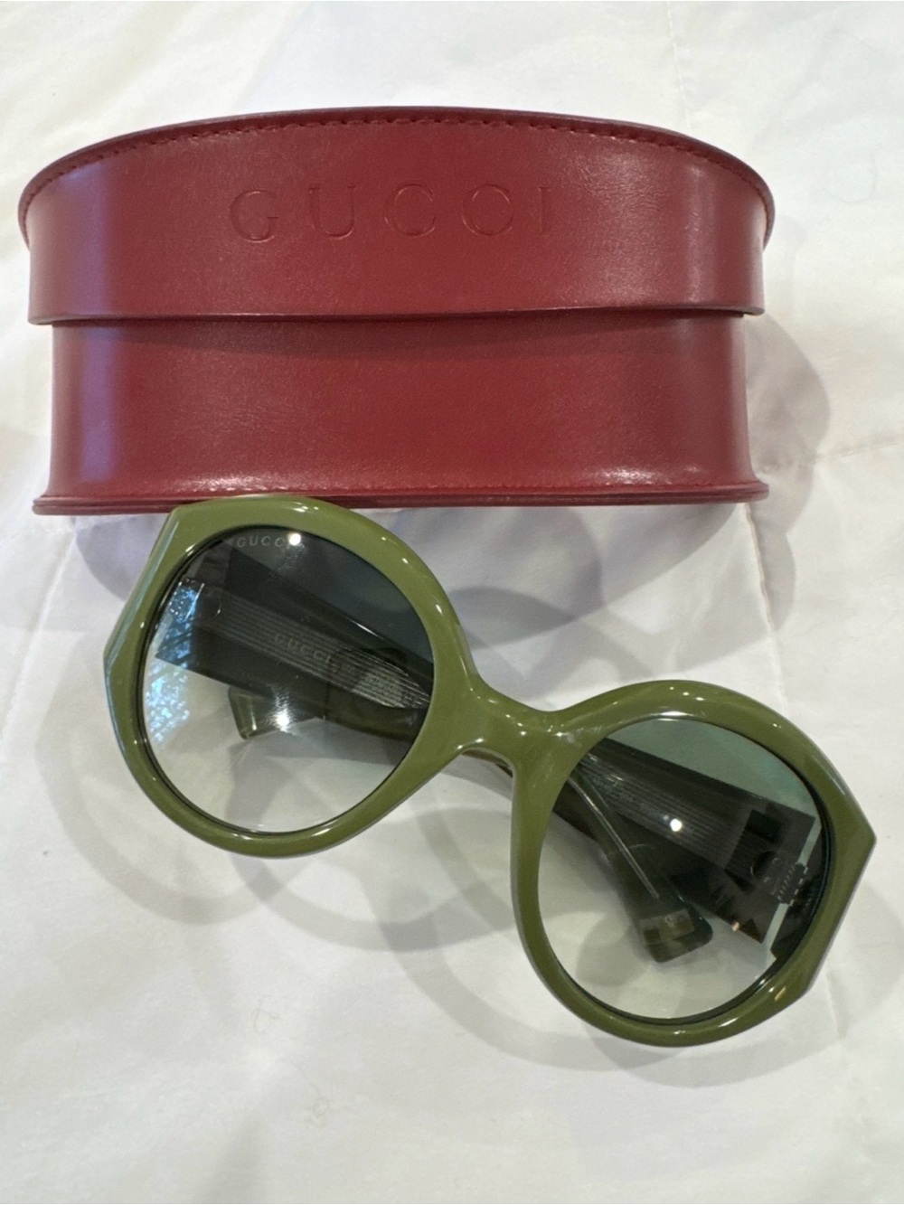 Gucci Olive Green Round Acetate Sunglasses with Red Case